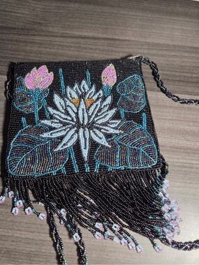 Hand beaded Black Beaded lotus Floral Shoulder Bag with Multicolor Accents